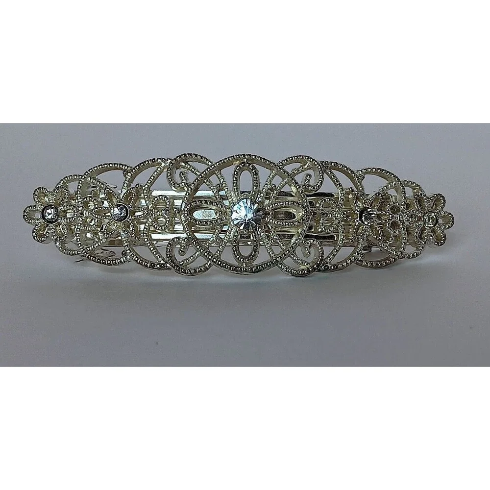 Faship Silvertone Filagree Crystal Hair Barrette 3.5 in
